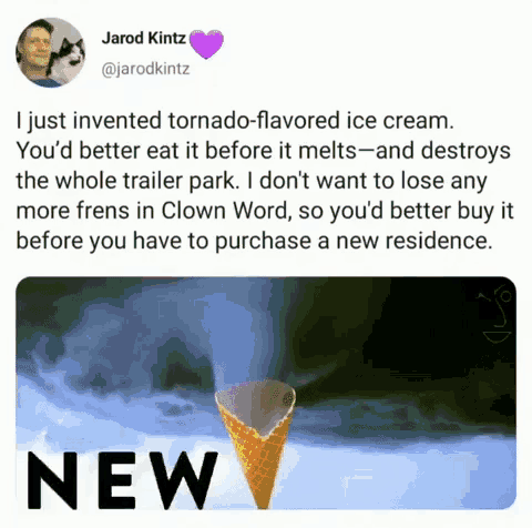a picture of an ice cream cone with a tweet from jarod kitz