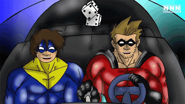 a cartoon of two superheros with nn written on the bottom right