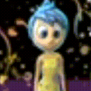 a doll with blue hair and a yellow dress is standing in front of a black background
