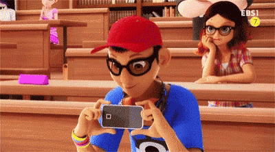 a cartoon character is taking a selfie in a classroom with a cell phone .