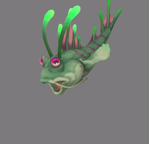 a green and pink cartoon fish with a purple eye is floating in the air