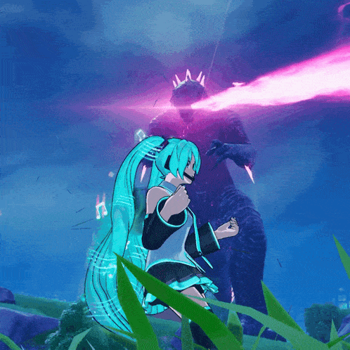 a girl with long blue hair is standing in front of a monster with a pink light coming out of it