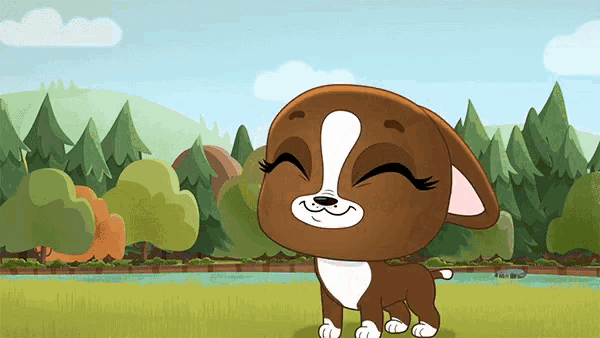 a brown and white cartoon dog is smiling in a field with trees in the background