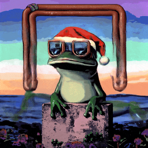 a frog wearing a santa hat and goggles sitting on a rock