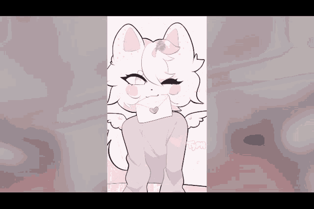 a drawing of a cat with an envelope in its mouth that says ' i love you ' on it