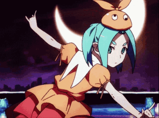 a girl with blue hair and an orange hat is dancing