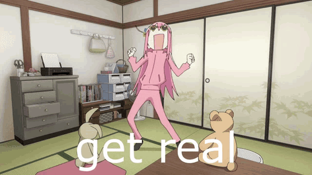 a cartoon of a girl in a room with the words get real on the floor