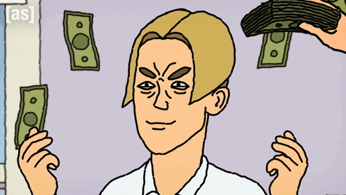 a cartoon of a man holding a stack of money with the letters as visible
