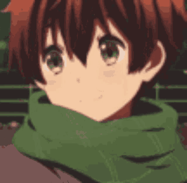 a close up of a anime boy wearing a green scarf around his neck .
