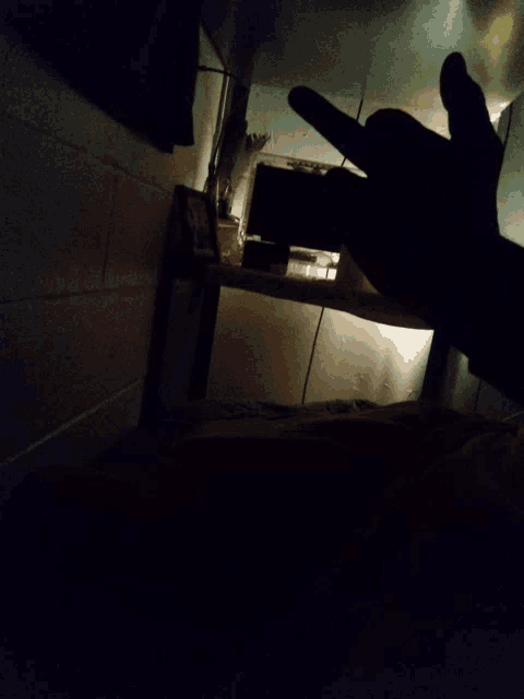 a shadow of a person 's hand is cast on a shelf in a dark room