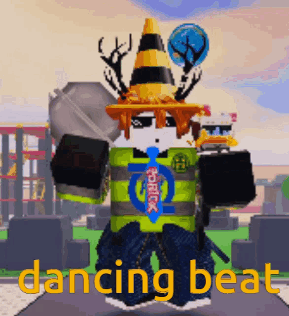 a cartoon character is wearing a safety vest and a traffic cone hat with the words dancing beat below him