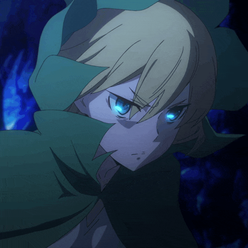 a close up of a anime character with blue eyes