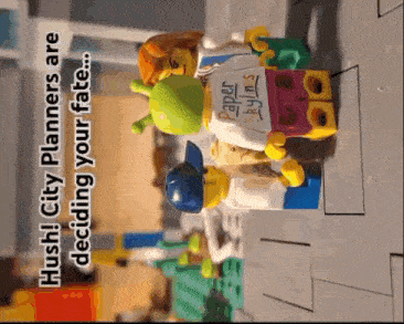 a couple of lego figures are standing next to each other with the words hush city planners are deciding your fate