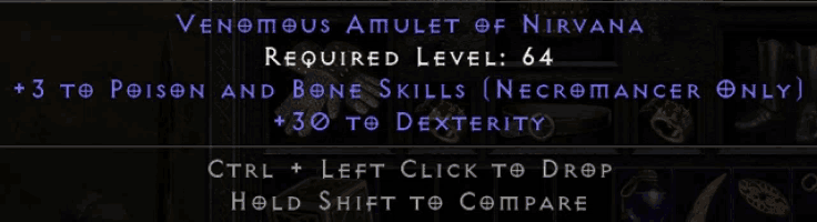 a screenshot of a video game that says " venomous amulet of nirvana required level 64 "