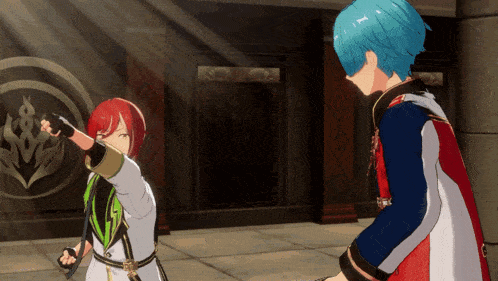two anime characters are standing next to each other and one has a blue hair