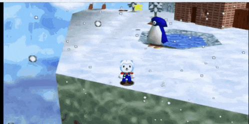a penguin is swimming in a pool of water next to a teddy bear in a video game