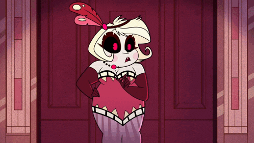 a cartoon character is standing in front of a door wearing a red dress