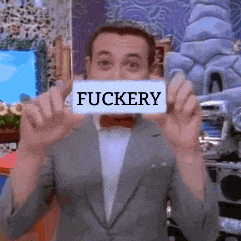 a man in a suit and bow tie is holding up a sign that says fuckery