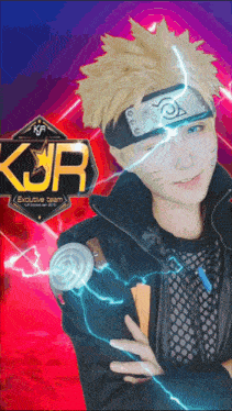 a man in a naruto costume stands in front of a sign that says kjr
