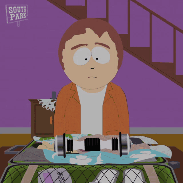 a cartoon character from south park sits in front of a sign that says south park