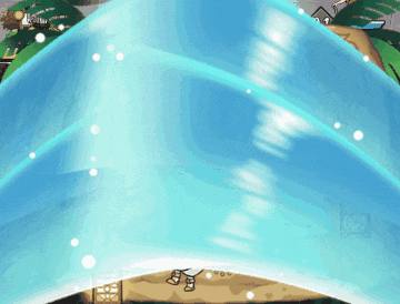 a cartoon of a person standing in front of a waterfall in a video game