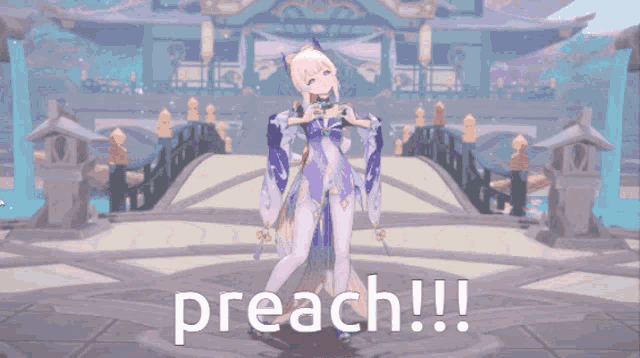 a video game character with the word preach written in white