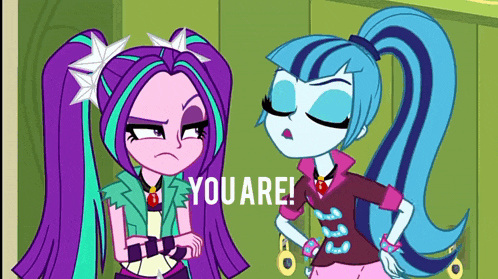 two cartoon girls are standing next to each other with the words " you are " behind them