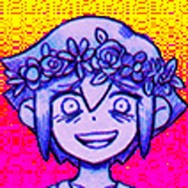 a cartoon character with a flower crown on her head is smiling .