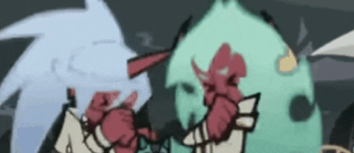 a couple of cartoon characters are standing next to each other in a dark room .