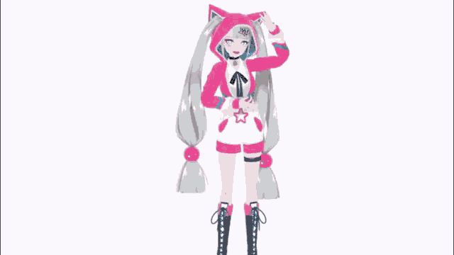 a 3d anime girl wearing a pink hoodie with a star on it