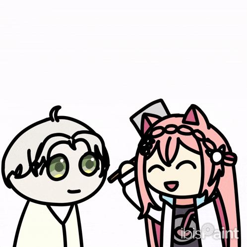 a cartoon of a girl holding a large axe to a man 's head