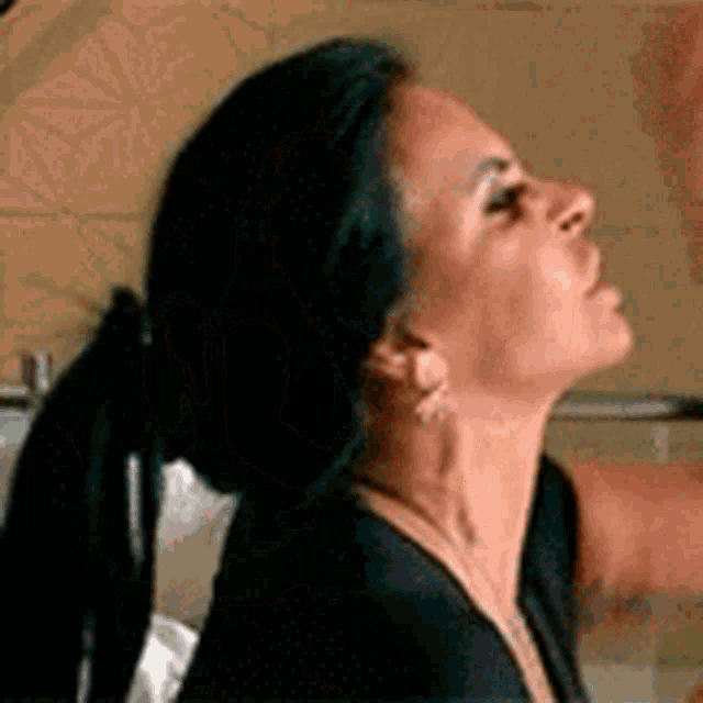 a woman with long black hair is wearing a ponytail and earrings .