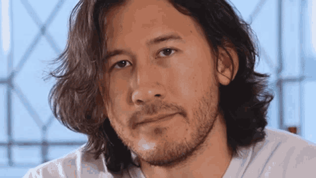 a man with a beard and long hair is looking at the camera