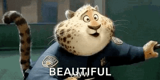 a cheetah is wearing a police uniform and holding a baton .