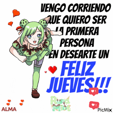 a picture of a girl with green hair and the words feliz jueves