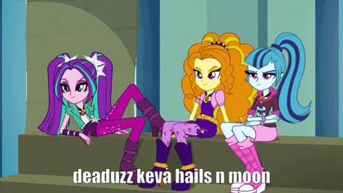 a cartoon of three girls sitting next to each other with the caption deaduzz keva hail n moon