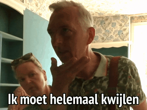 a man and a woman are standing next to each other with the words ik moet helemaal kwijlen above them