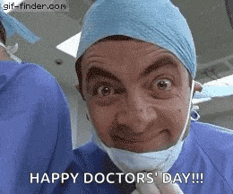mr bean is wearing a surgical mask and a surgeon 's hat and making a funny face .