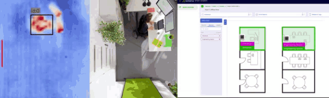 an aerial view of a room with a person sitting at a desk next to a computer