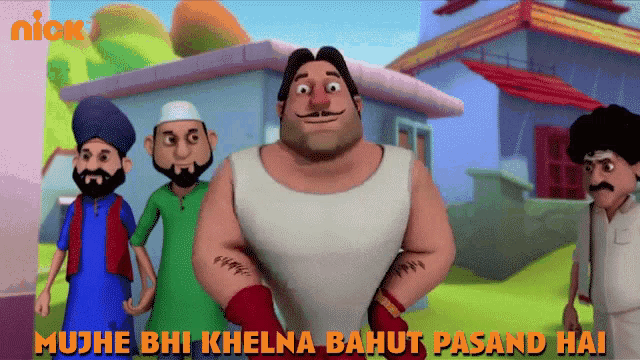 a group of cartoon characters are standing next to each other with the caption mujhe bhi khelna bahut pasand hai on the bottom