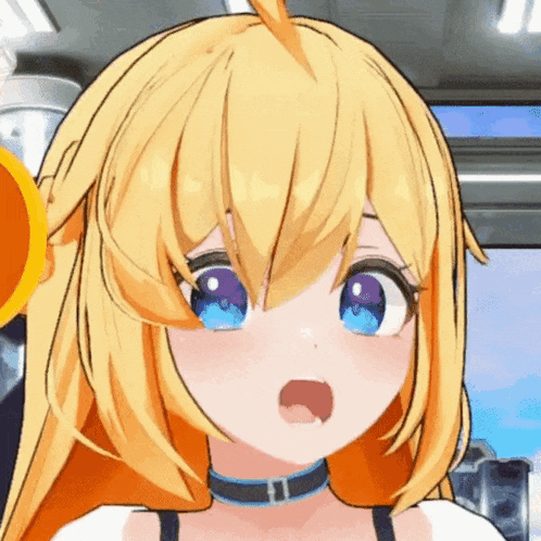 a close up of a blonde anime girl with a surprised look on her face