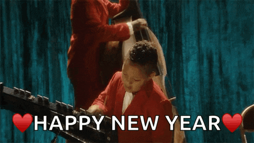 a happy new year greeting card with a man playing a double bass and a woman kissing