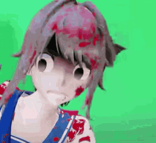 a close up of a cartoon girl with blood on her face and body .