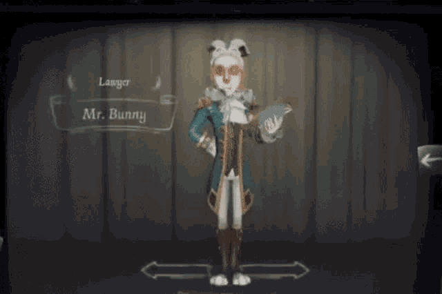 a cartoon character named mr. bunny is standing in front of a wooden wall in a room .