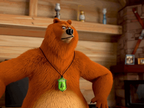 a bear wearing a necklace with a green pendant with a tree on it stands in a room