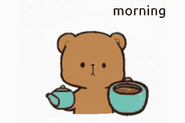 a teddy bear is pouring coffee into a cup with the word morning written on the bottom