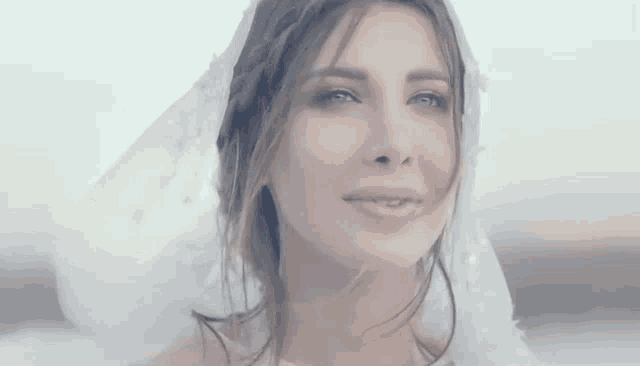 a woman in a wedding dress with a veil on her head is smiling
