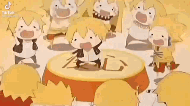 a group of cartoon characters are standing around a cake and singing .
