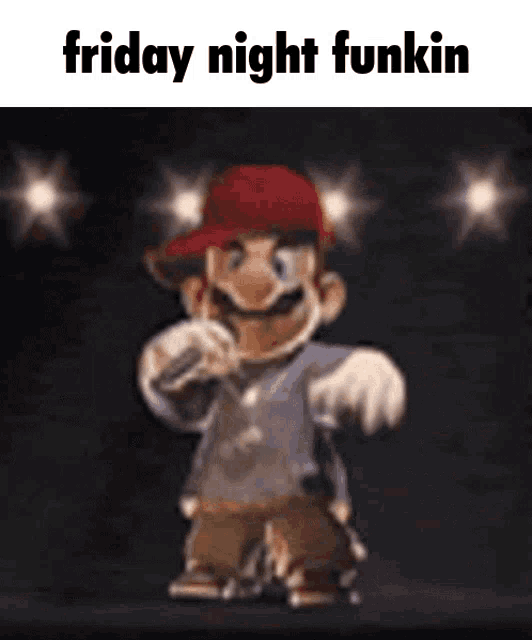a cartoon character is singing into a microphone with the words friday night funkin written on the bottom .