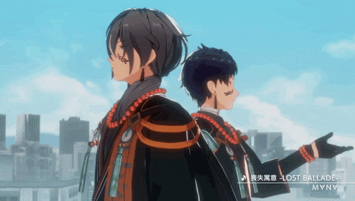 two anime characters are standing next to each other with the words lost ballade written on the bottom